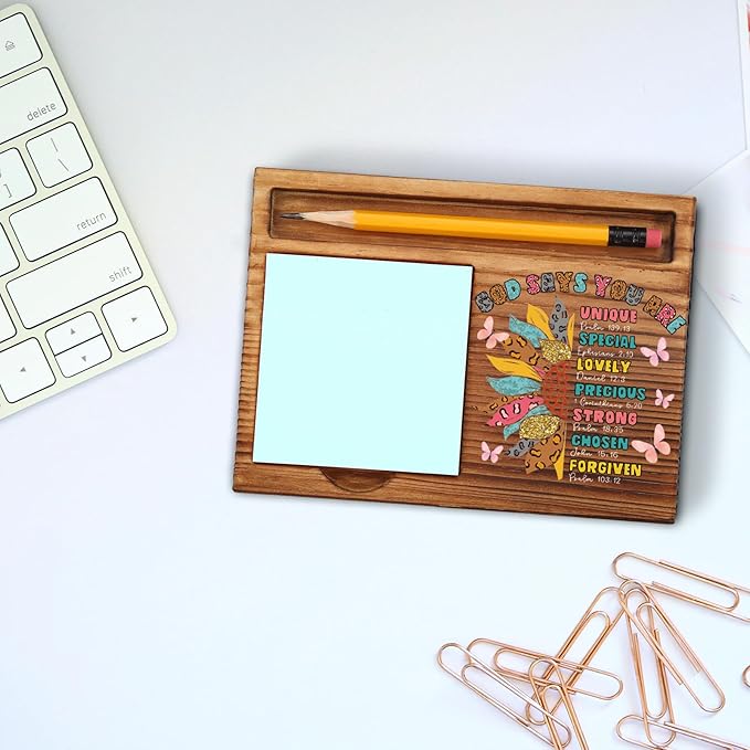 God Says You are Gifts Sticky Note Holder, Christian Inspirational Desk Gift with Bible Verses, Religious Wooden Office Decor for Women, Teens, Coworkers, Faith Based Note Pad Holder ZSS84