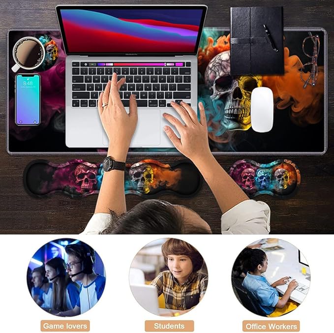 Ergonomic Keyboard Wrist Rest & Mouse Pad Wrist Rest Set, Large XXL Gaming Desk Mat 31.5"x 11.8" with Memory Foam, Easy Typing Pain Relief for Office & Home, Colored Skull