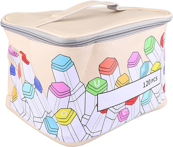 Sorandy Marker Case 120 Storage Holders, PU Leather Art Pen Organizer with Large Opening and Carry Handle for Markers Pencils Lipstick Mascara Travel