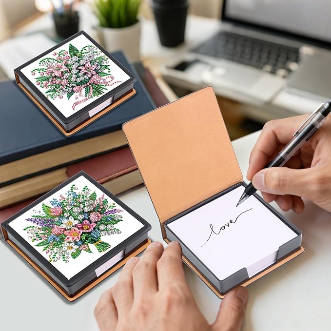 2 pcs Flower Diamond Painting Kit Note Box,Memo Paper Storage Box Diamond Art,Sticky Note Holder Diamond Art,Diamond Painting Memo Pad For Office Desk. (Flower)