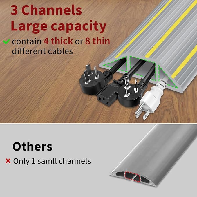 Floor Cord Cover 10 ft, Extension Cord Covers for Wires on Floor, Outdoor Cable Cover Protector Heavy Duty PVC Duct Cord Hider Floor 3 Channels Cable Management, Gray
