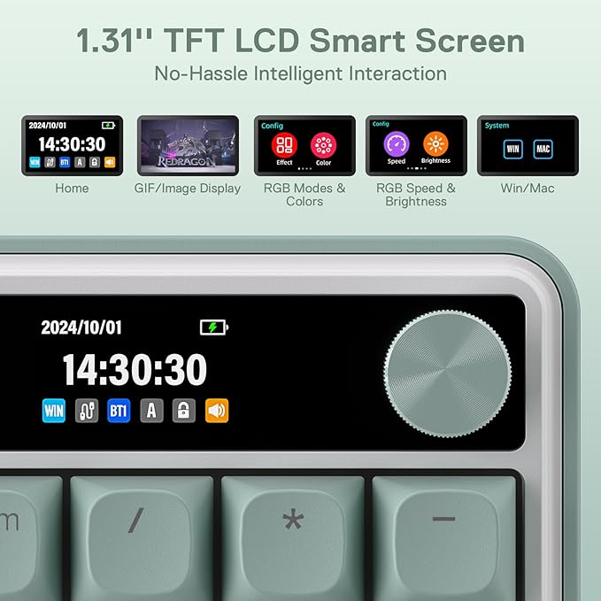 Redragon K761 Wireless Gasket Gaming Keyboard w/Hype Screen & Knob, 104 Keys Mechanical Keyboard, Easy-Control 1.14’’ TFT Info Display, 5-Layer Noise Dampening, Custom Linear Switch, Jade Cloud Color
