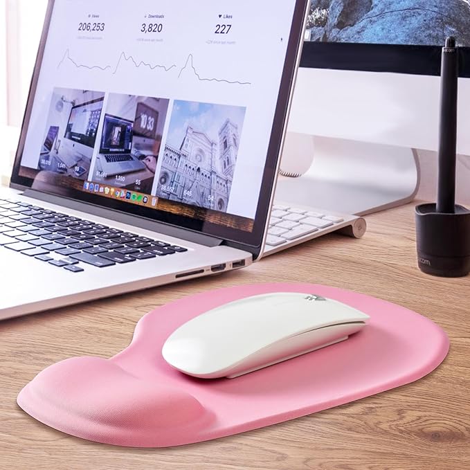 JIKIOU Mouse Pad, 2 Pack Ergonomic Mouse Pads with Comfortable Gel Wrist Rest Support and Smooth Cloth, Non-Slip PU Base for Easy Typing Pain Relief Durable and Easy to Clean Small Pink