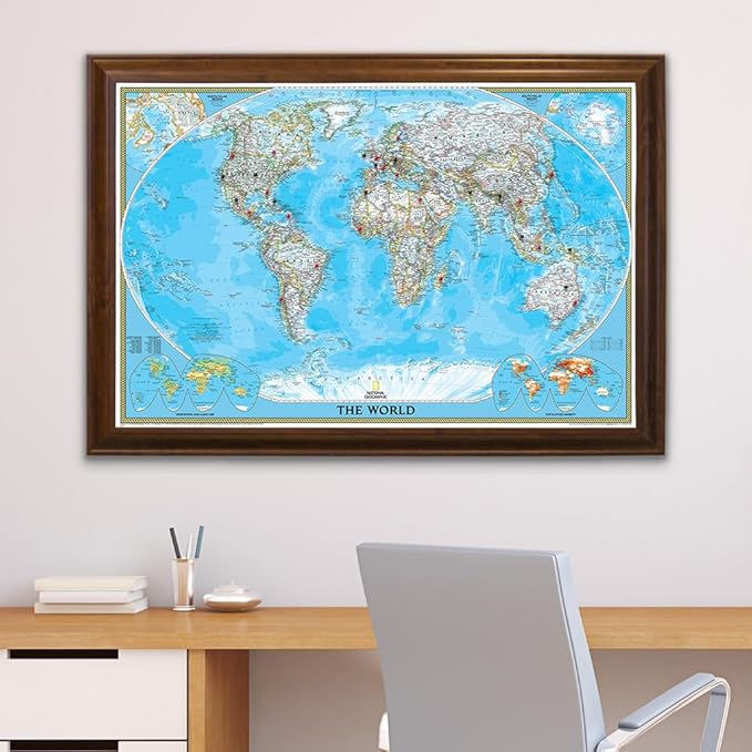 Push Pin Travel - Classic World, Brown with 150 Pins for Tracking Your Travels - 27.5" x 39.5" - 8 Handcrafted Options - Made in USA - Ideal for Any Traveler