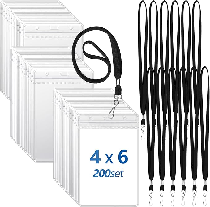 Chuangdi 200 Pcs Large 4 x 6 Inch Clear ID Badge Holder with Lanyard Waterproof Vertical Badge ID Card Holders Clear Plastic Tags Transparent PVC Pouch for Office (Black Lanyard)