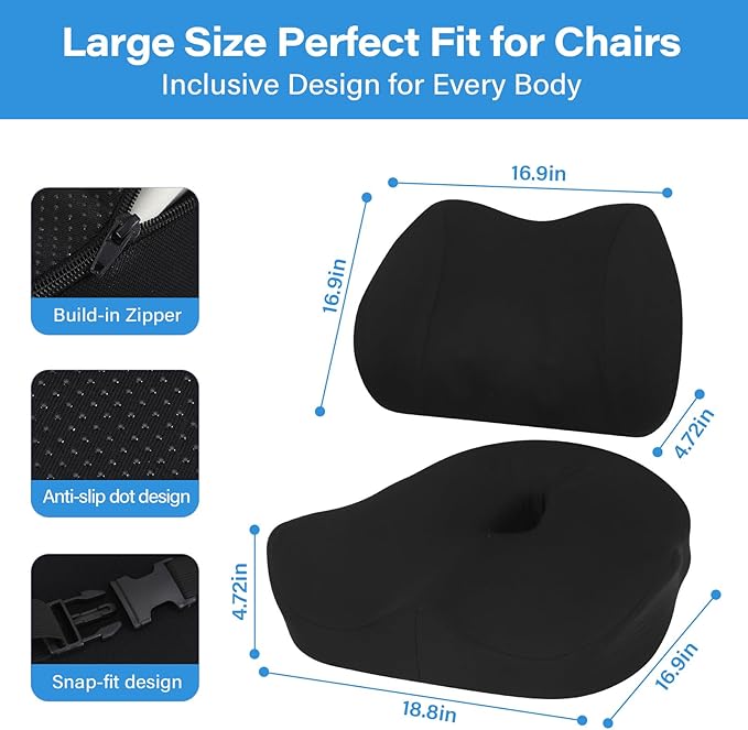 Seat Cushion Lumbar Support Pillow for Office Chair, X Large Memory Foam Chair Cushions for Sciatica Tailbone Pain Relief Coccyx Pad for Wheelchair, Car, Home, Office, Desk