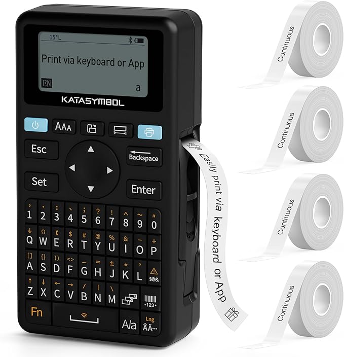 SUPVAN E11 Bluetooth Label Maker Machine with 4 Tapes, Support Keyboard & App with 40 Fonts and 650+ Icons, Rechargeable Inkless Labeler for Home, Kitchen, Office, School, Organization, Black