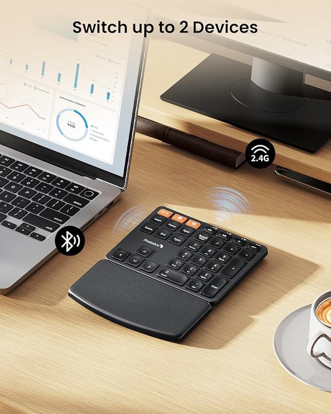 ProtoArc Wireless Number Pad, EK04 N Ergonomic Numeric Keypad with Wrist Rest, Bluetooth and USB, Rechargeable, for Windows PC/Laptop, Mac OS