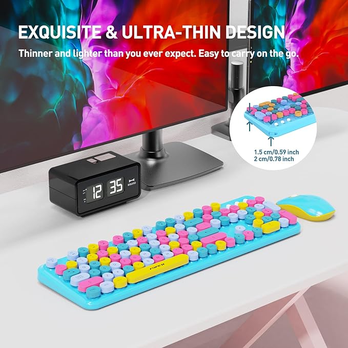 FOPETT Wireless Keyboard and Mouse Combo, 105 Keys Full-Sized 2.4 GHz Round Keycap Colorful Keyboards, USB Receiver Plug and Play, for Windows, Mac, PC, Laptop, Desktop (Blue Colorful)