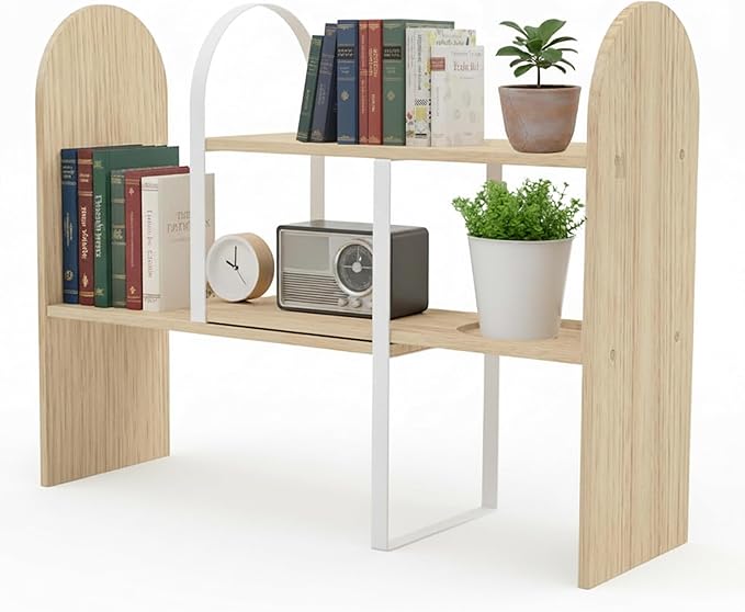 Maplefield Desk Hutch Expandable Shelf Organizer, Natural Finish, Engineered Wood Desktop Storage Rack for Office, Dorm, or Home – Adjustable Over Desk Bookshelf for Supplies, Decor & Accessories