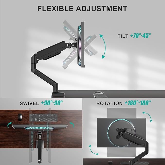 WALI Single Monitor Mount, Gas Spring Monitor Arm for 17-34 inch Screens, Adjustable Computer Monitors Stand up to 26.4lbs, with Clamp and Grommet Base, Mounting Holes 75 and 100mm (GSMP001N), Black