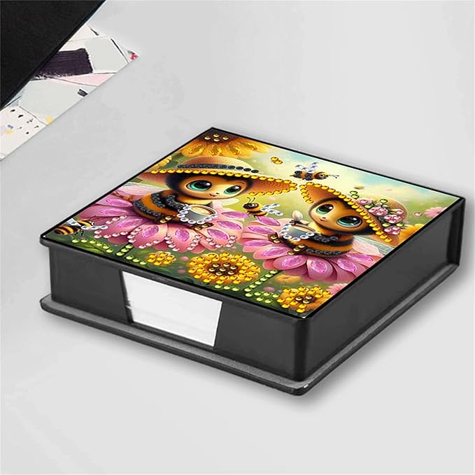 Bee Diamond Painting Note Box Memo Pad Holder, Diamond Art Sticky Notes Organizer for Desk, Aesthetic Stationery Storage Case for Office,School Supplies (Bee)