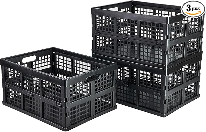 3-Pack Plastic Collapsible Storage Crates-30L,Foldable Plastic Crates for Storage (Black)