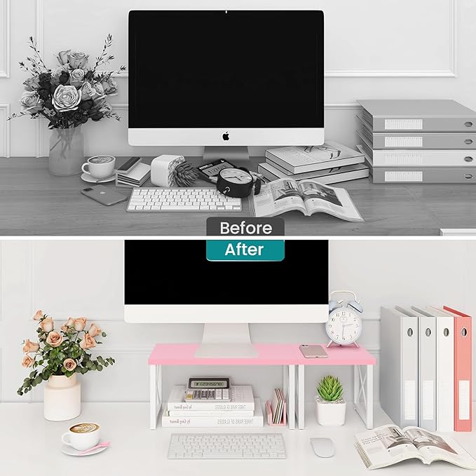 ELITEROO Desktop Shelf, 2 Tier Independent Stackable Desk Stand, Adjustable Freestanding Table Top Mini Bookshelf, Aesthetic Storage Organizers for Women/Girls/Daughter, Pink