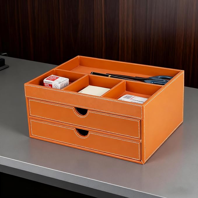 Household Multifunctional Desktop Storage Cabinet, Office file Cabinet Made of Leather, Drawers and Four Separate Organizers, Storage Box on the Bedside Table in the Room (brown)