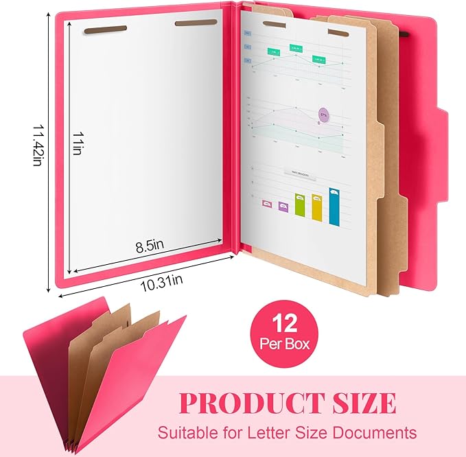 Skyygemm 12 Pcs Classification Folders Letter Size Bulk - 2 Dividers Pressboard File Folder with 3. 5 Inch Expansion, 2 Prongs Fastener, Heavy Duty Office File Organizer for Teacher Medical (Hot Pink)