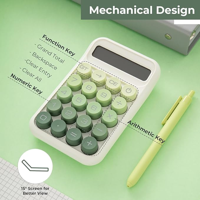 Y YOMA 1 Pack Mechanical Switch Calculator with 10 Digit Large LCD Display Big Button, Mini Cute Desktop Calculator 4 Function Basic Calculators for School Home Office Business, Leaf Green