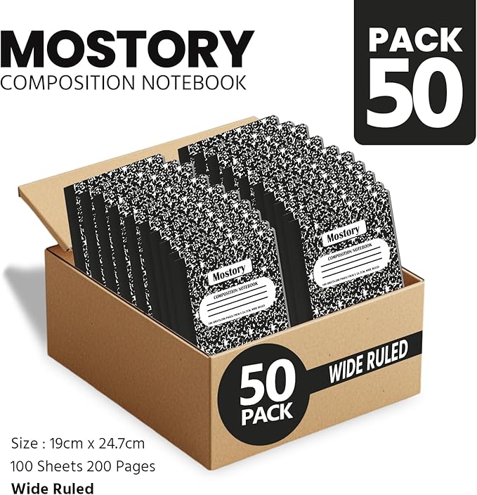 MOSTORY Pack of 50 Bulk Composition Notebook - Wide Ruled 200 Pages (100 Sheets), Size 7.5" x 9.75", Bulk School Supplies, Office, Bulk Notebooks for School, Writing Journal Notebook with Lined Paper