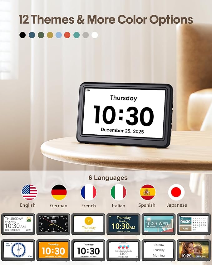 Clock with Day and Date for Elderly Battery Operated, Rechargeable Digital Calendar Clock with 12 Display Modes, 20 Alarms and Medicine Reminders, Dementia Clocks for Seniors Memory Loss Alzheimer's