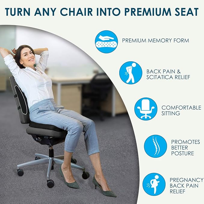 Coccyx Seat Cushion and Lumbar Support Pillow for Office Chair Wheelchair, Orthopedic Car Seat Cushion Memory Foam Back Support Cushion for Lower Back Pain,Tailbone & Sciatica Pain Relief Black