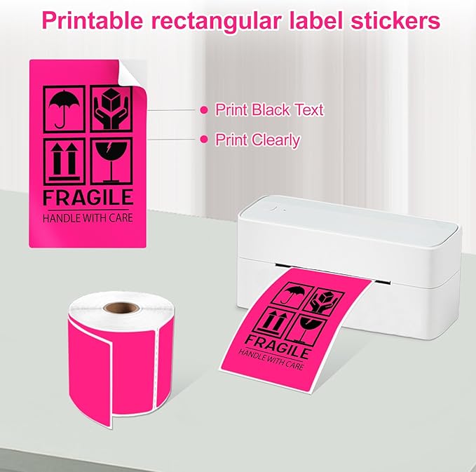 YOULAISHI 3 X 5 Inch Printable Waterproof Rectangle Color Coding Labels, 300 Per Roll Adhesive Color Coding Stickers for Bar-Codes, Address, Small Business Labeling, Fluorescent Pink