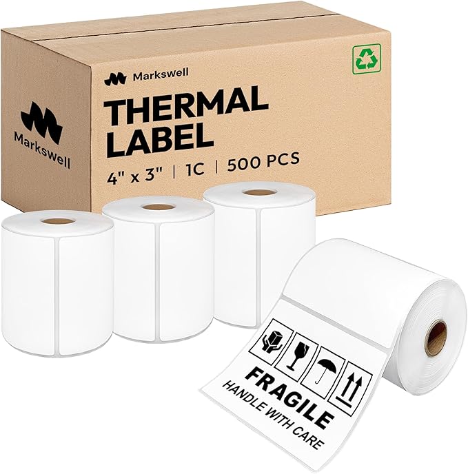 4x3 Direct Thermal Label, Barcode Address Mailing Name Shipping Labels, Perforated Thermal Stickers, Multipurpose, Commercial Grade for Thermal Printer, Strong Adhesive, 500/Roll, 4 Rolls