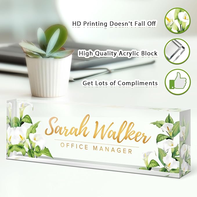 Name Plate for Desk, Desk Name Plate Personalized, Office Decor for Women Men, Acrylic Desktop Accessories, Office Gifts for Boss Nurse Teacher Coworker, Employee Appreciation Gift (Purple Calla)