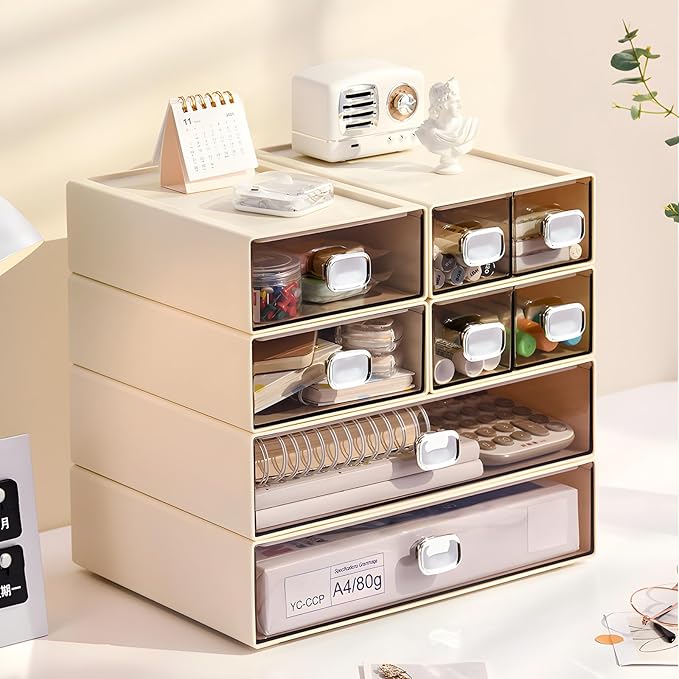 Spacious Desktop Storage Box, 1 Large 1 Middle & 2 Small Storage Drawers, Stackable Office Desk Drawer Organizer and Accessories, Printer Paper Organizer, Cream Plastic Drawers for Workspace