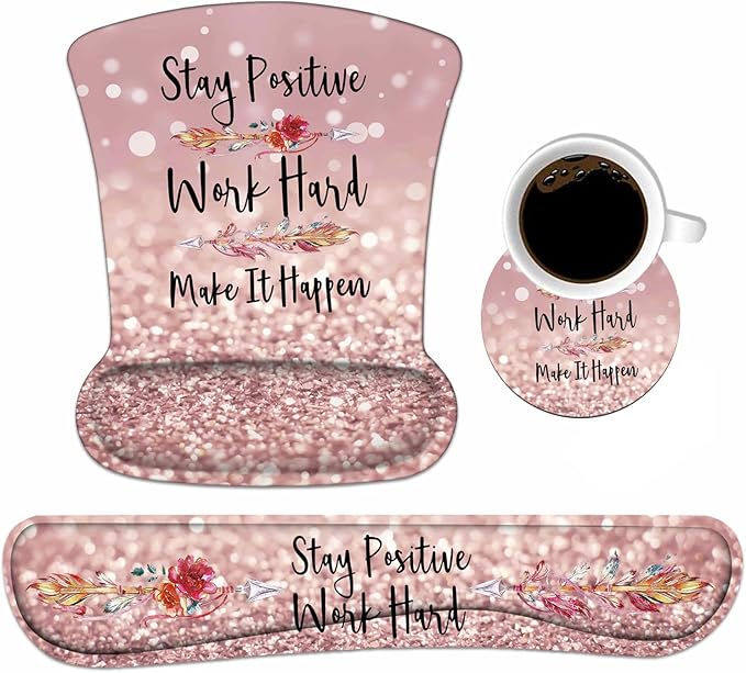 Keyboard Wrist Rest and Mouse Pad Wrist Support Set with Coasters, Inspirational Quote Stay Positive Work Hard and Make It Happen Wrist Mouse Pad with Non-Slip PU Base for Computer Laptop Home Office