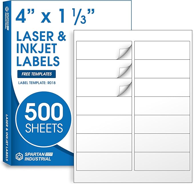 4" X 1 1/3" Matte White Printable Labels for Inkjet and Laser Printers - 500 Sheets, 7000 Address, Mailing, Shipping Labels for File Folders and Organization - Spartan Industrial Template R018