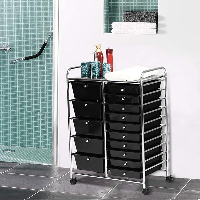 ARLIME 15-Drawer Storage Cart, 15 Drawer Trolley, Rolling Organizer Cart, Scrapbook Paper Organizer, Suitable for Office and School, Rolling Office Storage Tools (Black)