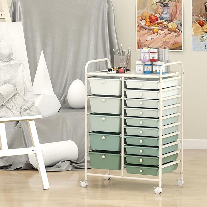 DORTALA 15-Drawer Rolling Storage Cart with Drawers, Rolling Utility Cart w/Removable Drawers & Universal Wheels, Tools Scrapbook Paper Organizer for School, Office, Home, Classroom (Gradient Green)