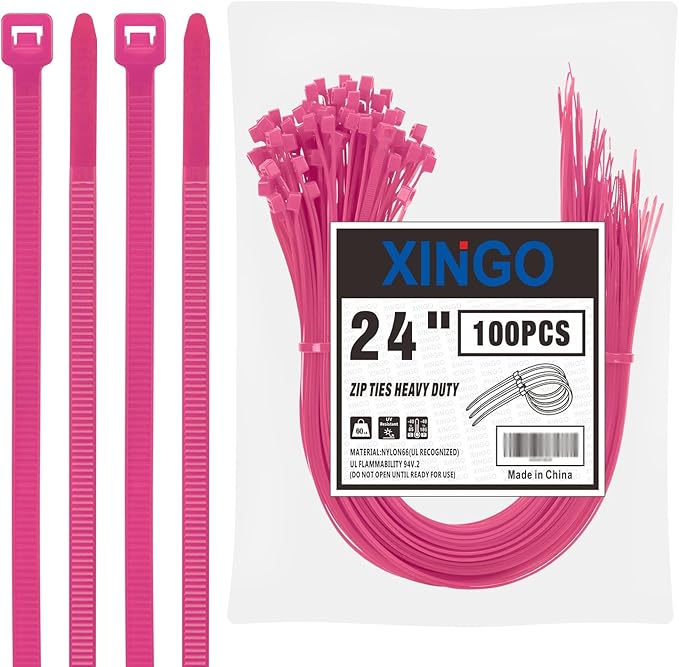 XINGO 24 inch Pink Zip Ties Heavy Duty (100 Pack), 60lb Tensile Strength, UV Resistant Cable Ties for indoor and outdoor use