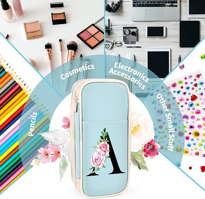 Preppy Pencil Case for Girls, Cute Large Pencil Pouch, Personalized Initial Pencil Bag with Zipper for School College Office Supplies, Back to School Supplies Gifts for Teen Girls (B, Blue)