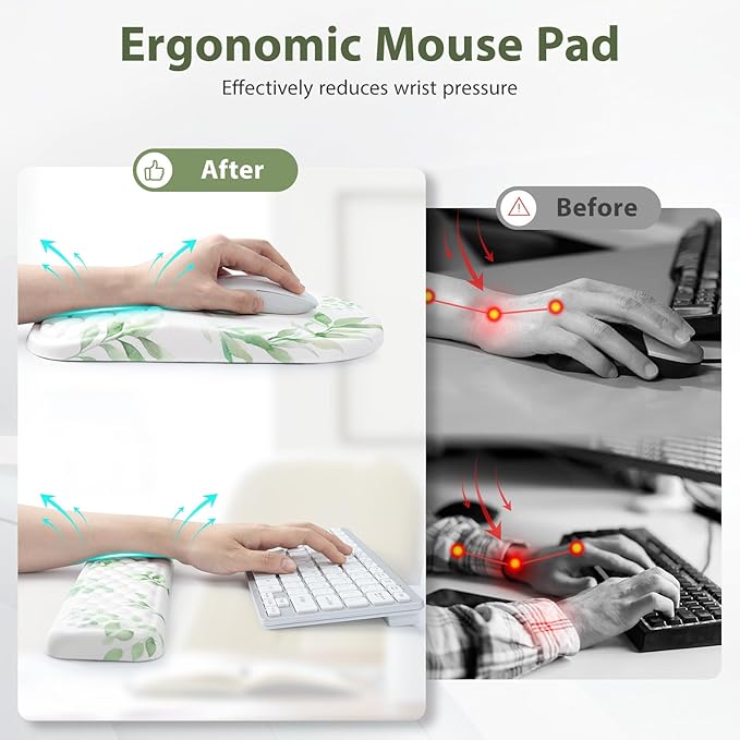 EYROZILL 3 in 1 Ergonomic Mouse Pad and Keyboard Wrist Rest, Cute Mouse Pad with Wrist Support Massage Design, Non-Slip Wrist Pad for Mouse, Desk Mouse Set (Green Plant)