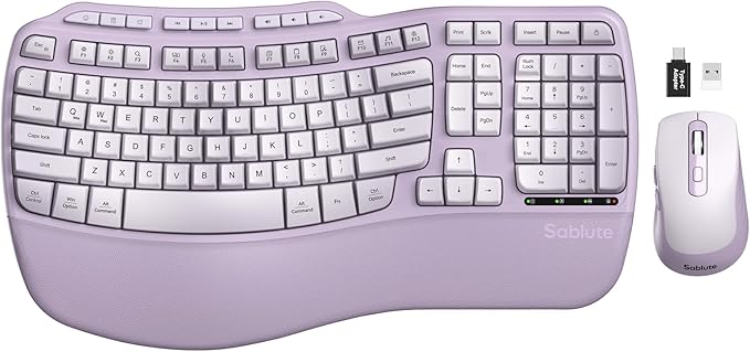 Purple Ergonomic Wireless Keyboard and Mouse Combo, Sablute 2.4G Full Size Ergo Wave Key Board with Cushioned Plam Rest, Natural Typing, 3 DPI Adjustable Silent Mouse for Computer/Laptop/Windows/Mac