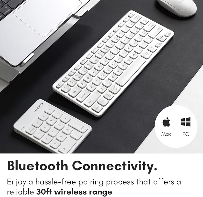 Macally Bluetooth Number Pad for Laptop, Apple, Mac, iMac, MacBook Pro/Air, Ipad, Windows PC, Tablet, or Desktop Computer - Rechargeable 18 Key Wireless Numeric Keypad - White Bluetooth 10 Key Numpad