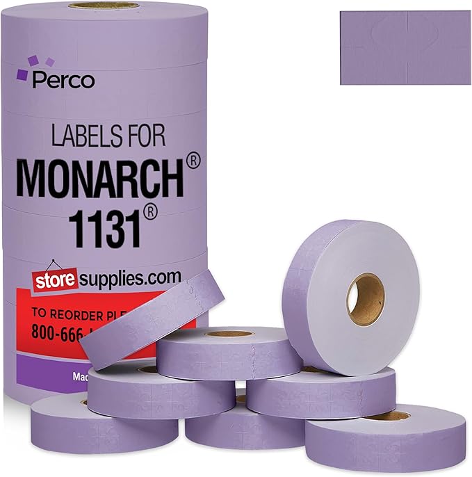 Perco Lavender Pricing Labels for Monarch 1131 Price Gun - 1 Sleeve, 8 Rolls, 20,000 Price Marking Labels - with Ink Roll Included