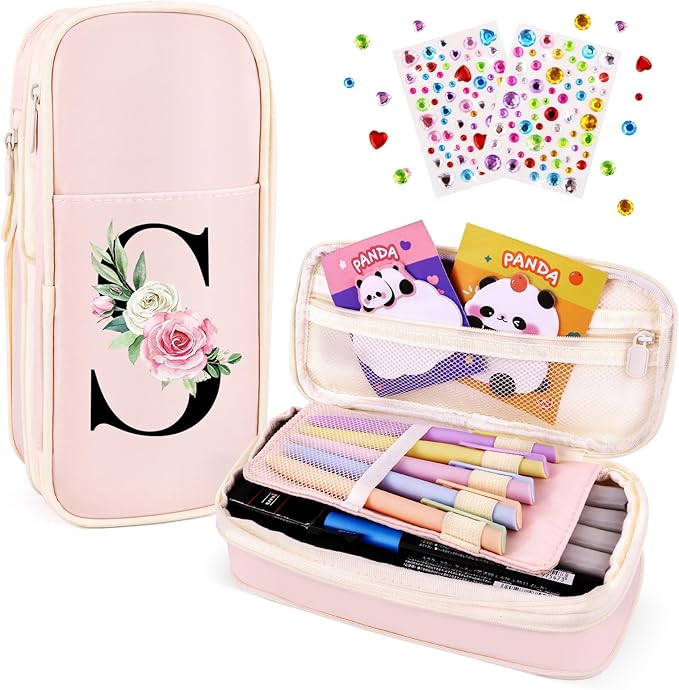 Preppy Pencil Case for Girls, Cute Large Pencil Pouch, Personalized Initial Pencil Bag with Zipper for School College Office Supplies, Back to School Supplies Gifts for Teen Girls (S, Pink)