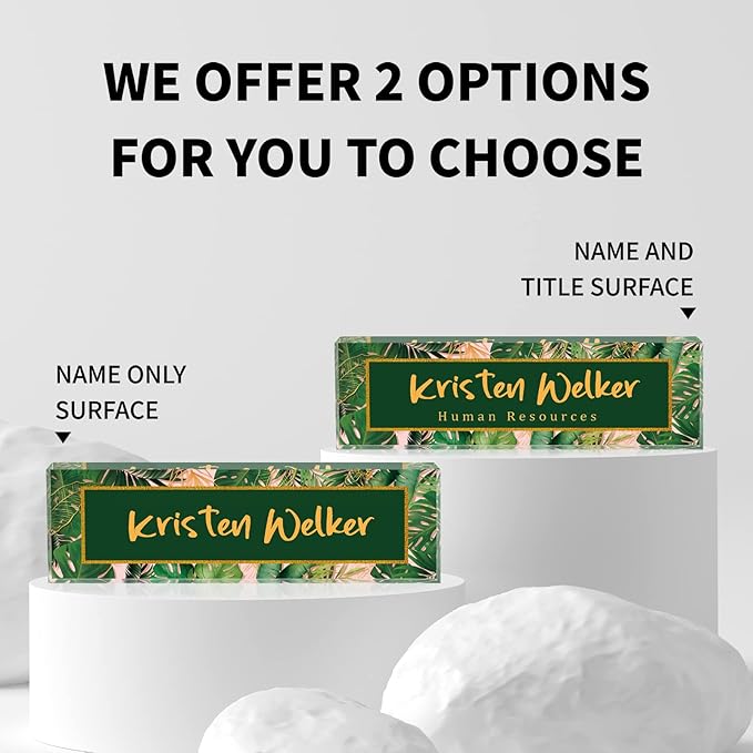 SalaGraphics Desk Name Plate, Custom for, Office Decor Women Men, Acrylic Accessories, Gifts Coworkers Boss Teacher, Employee Appreciation (Green Leaves), 8”(L)x2.5(W)