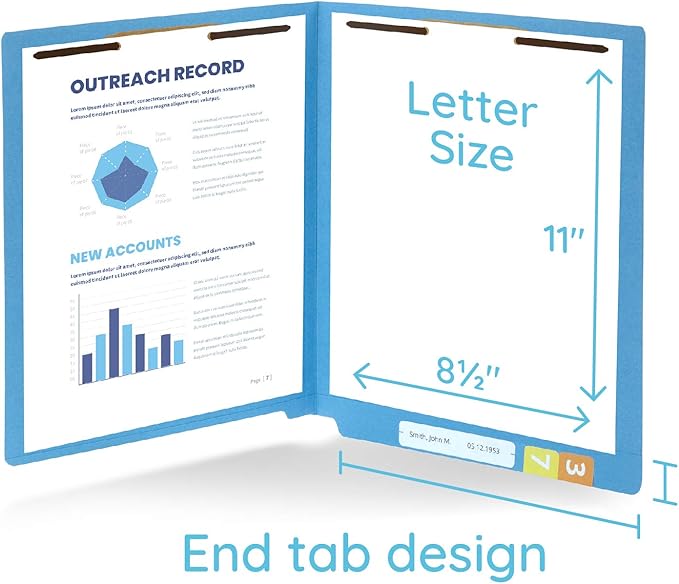 50 Blue End Tab Fastener File Folders - Reinforced Straight Cut Tab - Durable 2 Prongs Designed to Organize Standard Medical Files, Receipts, Office Reports - Letter Size, Blue, 50 Pack