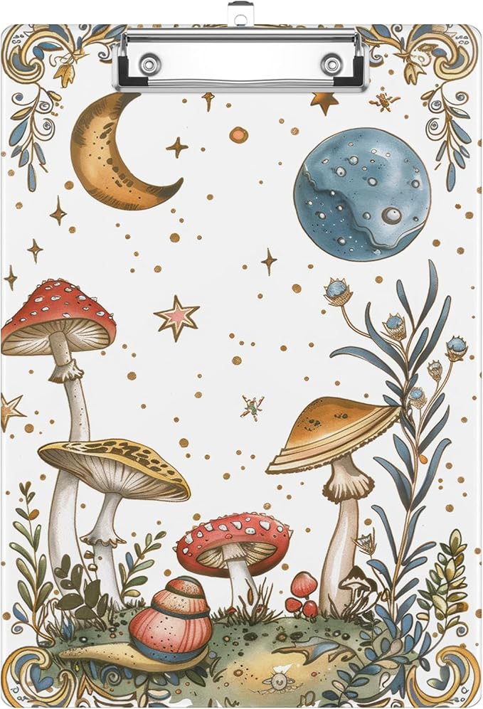 Mushrooms Moon Clipboard Decorative Clip Board with Metal Clip A4 Standard Size 12.5" X 8.7" for Teacher Students Nurses Office