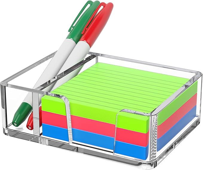 Sticky Note Holder with Pen Slot, Crystal Clear Acrylic Notepad Holder 3x3 in Self-Stick Note Dispenser Office Desk Accessories, Memo Pad Holder Organizer for Classroom School Supplies