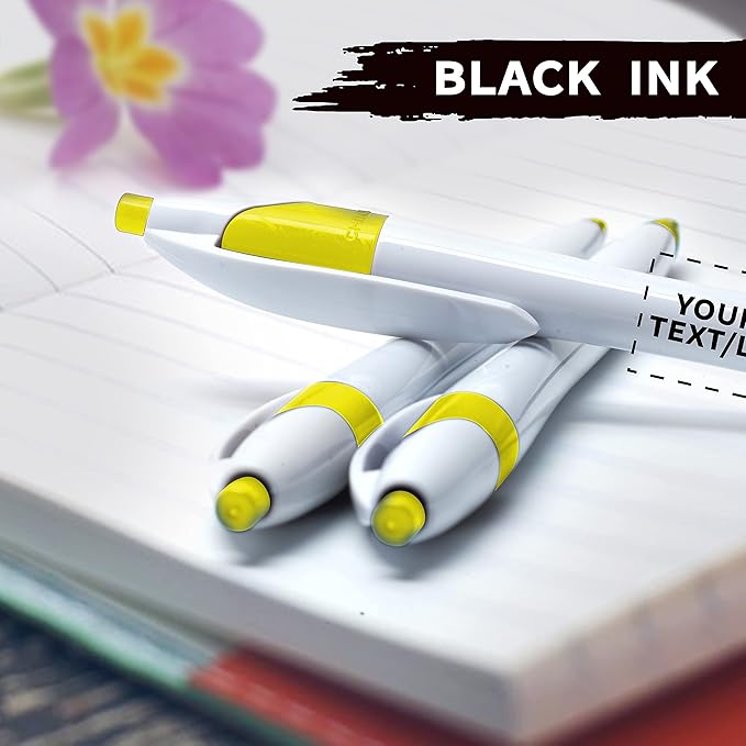 DISCOUNT PROMOS Custom Slim Curvy Ballpoint Pens Set of 10, Personalized Bulk Pack - Black Ink, Retractable, Great for Office, School, Tradeshows - Yellow