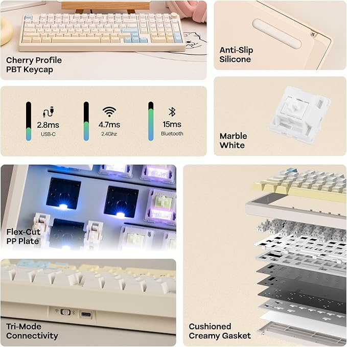 EPOMAKER Galaxy100 Lite QMK/VIA Gaming Keyboard with 8000mAh Battery and Numpad, 1800 Aluminum Mechanical Keyboard, USB-C/BT/2.4Ghz, Hot-Swap, Creamy Sound (Creamy White, Marble White Switch)