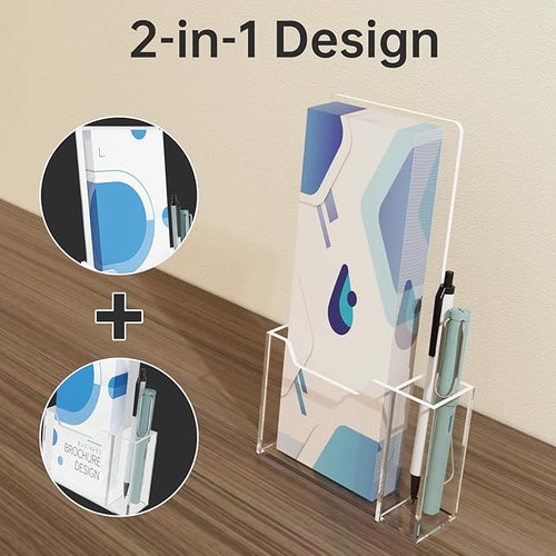 2-Pack Clear Acrylic Brochure Holders 4x9 with Pen Slot, Countertop Display Stands for Flyers, Pamphlets, Menus, Rack Cards, Magazines, Leaflets, Sturdy Back Panels for Desk or Reception Use