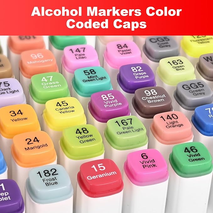 Alcohol Markers Set 60 Colors, Dual Tips Coloring Art Markers Set with Case & Holders, Chisel & Fine Artist Sketch Pens Art Supplies for Adult Coloring Books, Drawing, Painting, Sketching