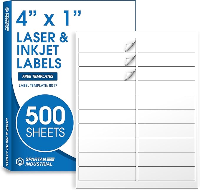 4" X 1" Matte White Printable Labels Compatible with Inkjet and Laser Printers - 500 Sheets, 10000 Total Paper Stickers for Addresses, Mailing, and Barcodes - Spartan Industrial Template R017