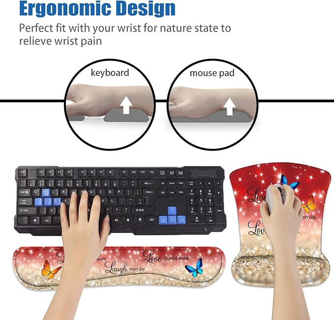 Keyboard Wrist Rest and Mouse Pad Wrist Support Set with Coasters, Non-Slip PU Base Ergonomic Mousepad for Computer Laptop Home Office Easy Typing & Pain Relief, Red Glitter Quote Live Laugh Love