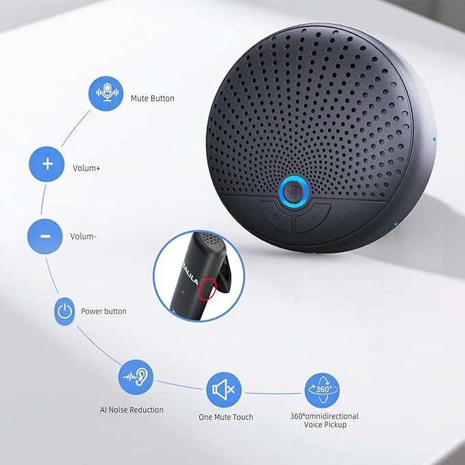 Conference Speaker and Microphone, 10 AI Mics 360° Voice Pickup, Noise Reduction, Echo Cancellation USB Speakerphone for 10 People Business Conference, Compatible with Leading Platforms